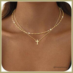 14K Gold Plated Layered Cross Necklace Set with Cubic Zirconia